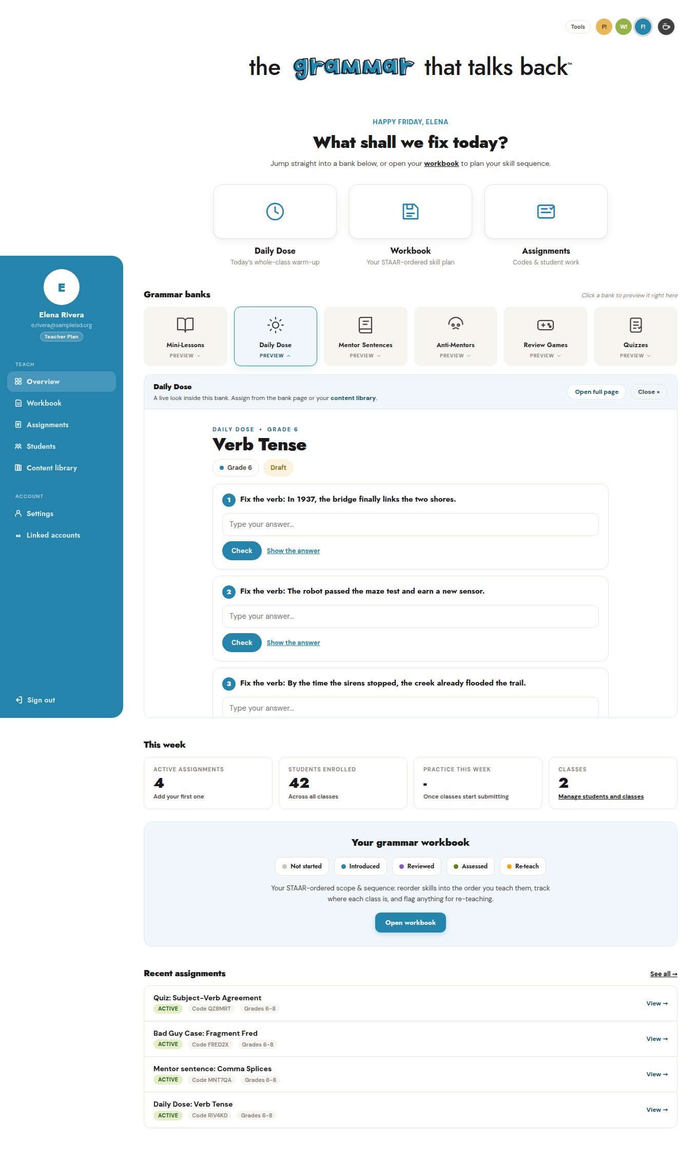 FIX it! teacher dashboard showing the Daily Dose bank preview open, four active assignments, 42 students across 2 classes, and the workbook panel