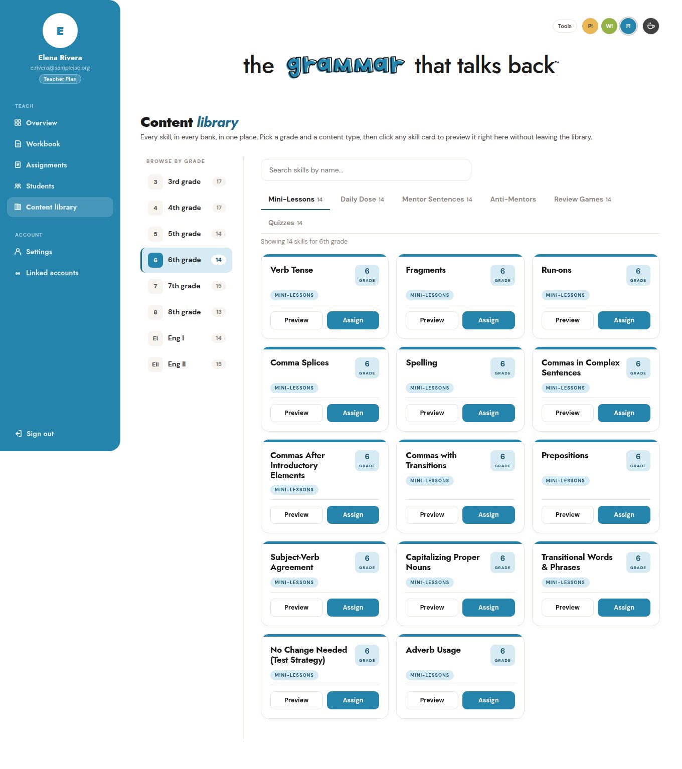 Content library with grades listed on the left, content-type tabs across the top, and 14 sixth-grade skill cards each with Preview and Assign buttons