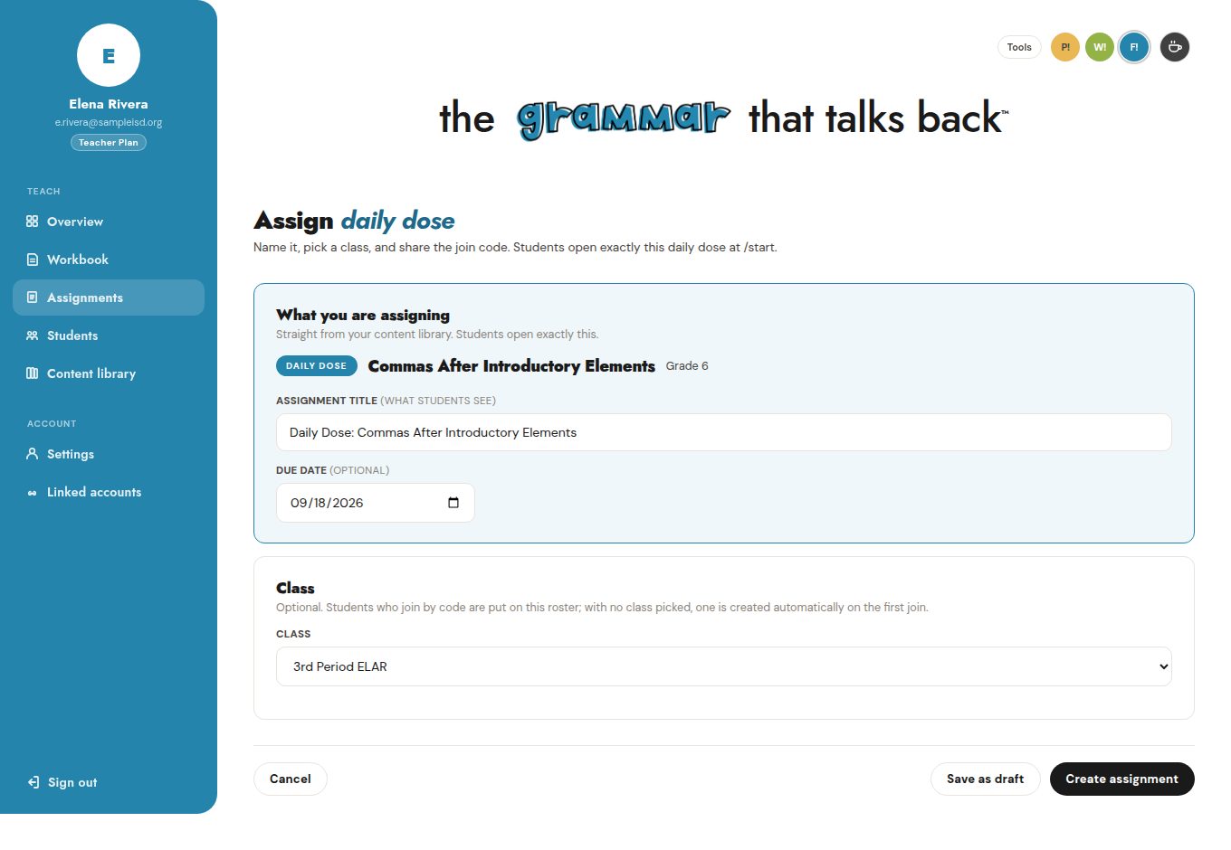 Assign daily dose form showing the skill Commas After Introductory Elements, a title, a due date, a class picker set to 3rd Period ELAR, and Create assignment