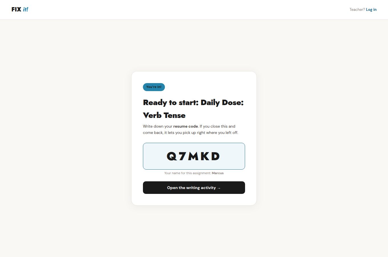Student join confirmation: Ready to start Daily Dose Verb Tense, a five-character resume code, and a button to open the activity