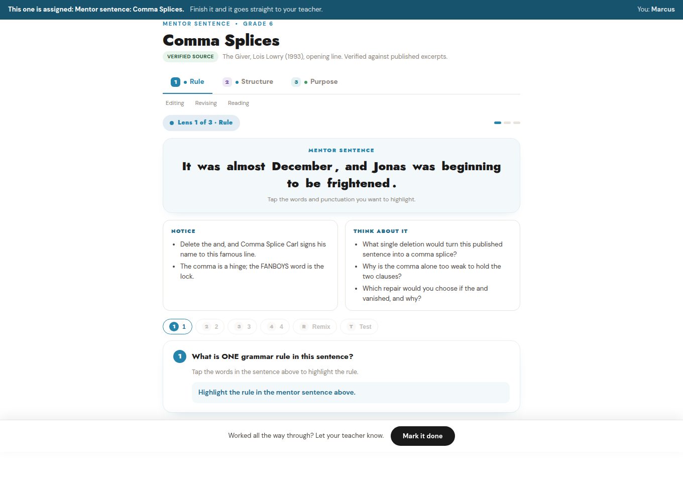 Assigned mentor sentence activity on Comma Splices showing the sentence from The Giver, Notice and Think about it panels, and the first lens question