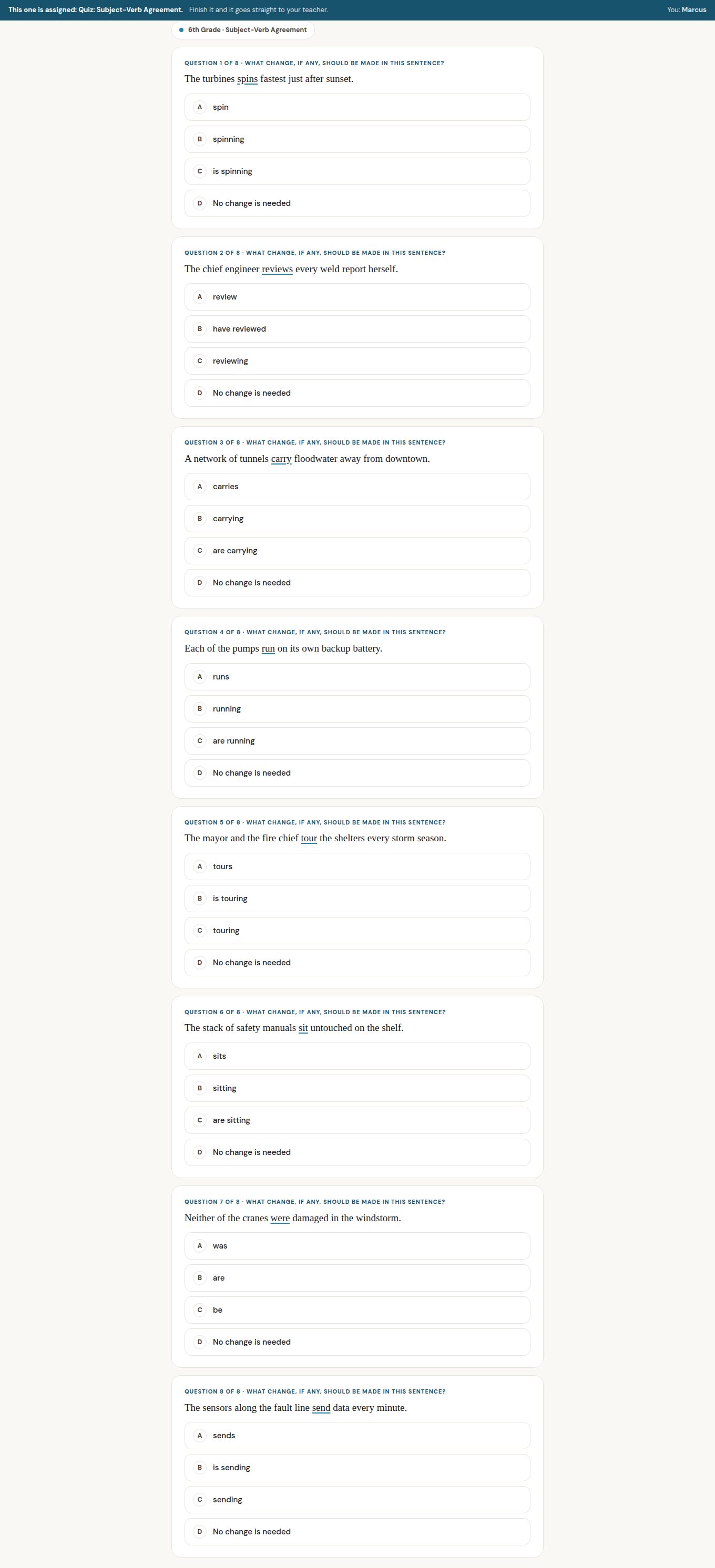 Assigned 6th grade Subject-Verb Agreement quiz with eight multiple-choice questions, each with four lettered choices