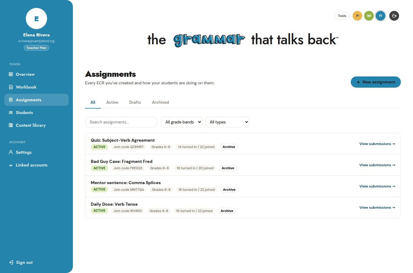 Assignments list with four active assignments, their join codes, grade bands, and turned-in versus joined counts